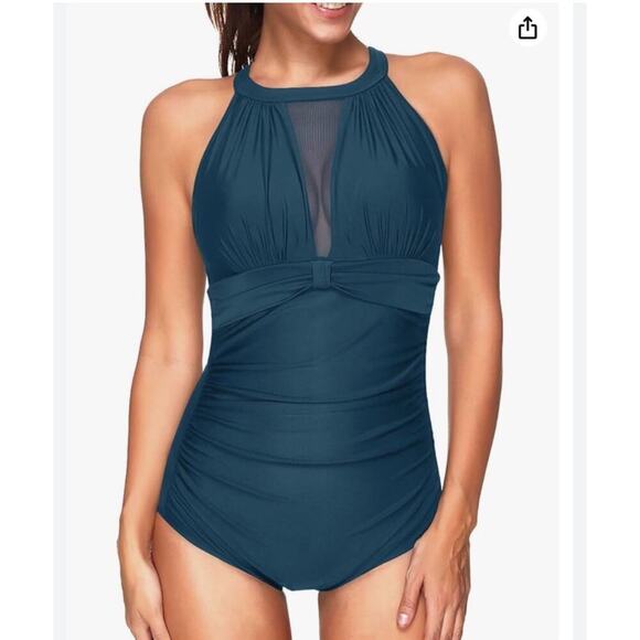 NWT Tempt Me One-Piece Swimsuit High Neck Ruched Bathing Suit Green Womens L - Picture 1 of 5